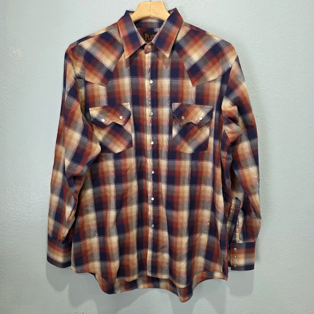Plains Western Wear Men Plaid Long Sleeve Snap Button Shirt L Red Multi.
